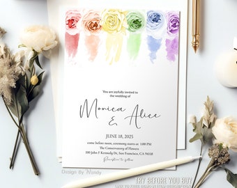 Editable Rainbow Wedding Invitation, Rainbow Roses. Gay Lesbian Wedding Invite Template Q01