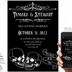 Macabre Wedding Invitation Template With Skulls, Till Death Do Us Part. Editable Halloween Wedding Skull Invitation Black and White G26