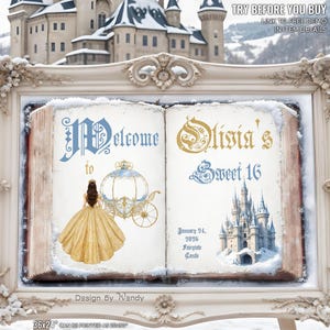 Editable Winter Fairytale Book Welcome Sign. Quinceanera Sweet 16 Princess Party Welcome Sign Template. Princess Birthday Book Sign F09