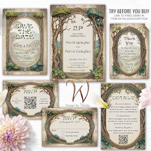 Fantasy Vintage Wedding Invitation Suite. Celtic Wedding Handfasting Invitation Set Template, RSVP, Thank You & Save the Date F01