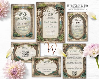 Fantasy Vintage Wedding Invitation Suite. Celtic Wedding Handfasting Invitation Set Template, RSVP, Thank You & Save the Date F01