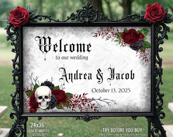Halloween Wedding Editable Sign with Skull, Red and Black Roses. Gothic Wedding Birthday Welcome Sign Template G19