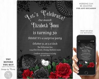 Gothic Birthday Invitation, Edit Yourself Victorian Invitation, Adult Birthday Digital Evite Red & Black Roses, Black Lace Umbrella G03