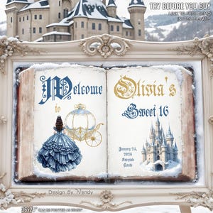 Winter Fairytale Book, Welcome Sign Template. Sweet 16 Welcome Sign, Fairy Tale Princess Birthday Quinceanera Party, Once Upon a Time F09