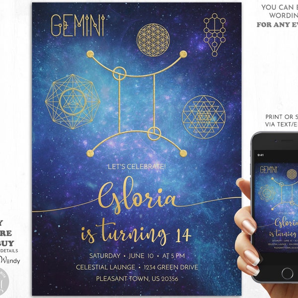 Gemini Birthday Invitation, Editable Zodiac Invitation Template. Gold Gemini Galaxy Birthday Evite, Edit Yourself Any Age Any Occasion B05