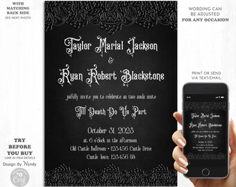 Black Lace Wedding Invitation. Editable Gothic Wedding Black Invitation Template G15