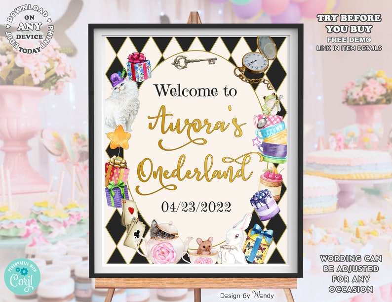 Gothic kids 1st birthday Mad Tea Party poster template Wonderland Mad Tea party BD001 Editable Alice in Onederland birthday welcome sign