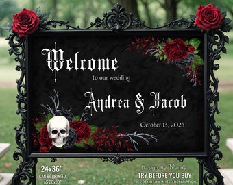 Black Halloween Wedding Sign Template with Skull, Red and Black Roses. Editable Gothic Wedding Birthday Welcome Sign G19