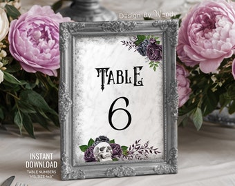 Numeri di tabella gotici Steampunk, download istantaneo. Numeri di tabella con teschio e rose viola 1-15, pronto per la stampa G12