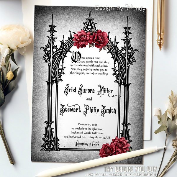 Editable Wedding Invitation, Gothic Fairytale Template. Gothic Frame, Once Upon A Time Wedding Invite G51