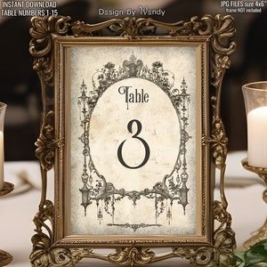 Puede incluir: Una tarjeta de número de mesa imprimible con un diseño ornamentado en blanco y negro. La tarjeta presenta un gran número "8" en un círculo con la palabra "Mesa" encima. La tarjeta está enmarcada en un marco dorado.