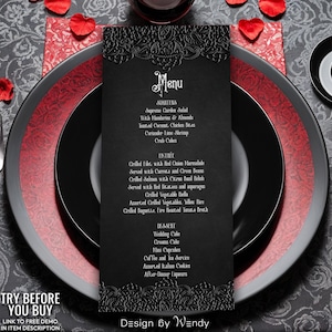 Elegant Dinner Menu Template, Vintage Black Lace. Editable Gothic Victorian Wedding Menu. Retro Halloween Dinner Black Menu G15