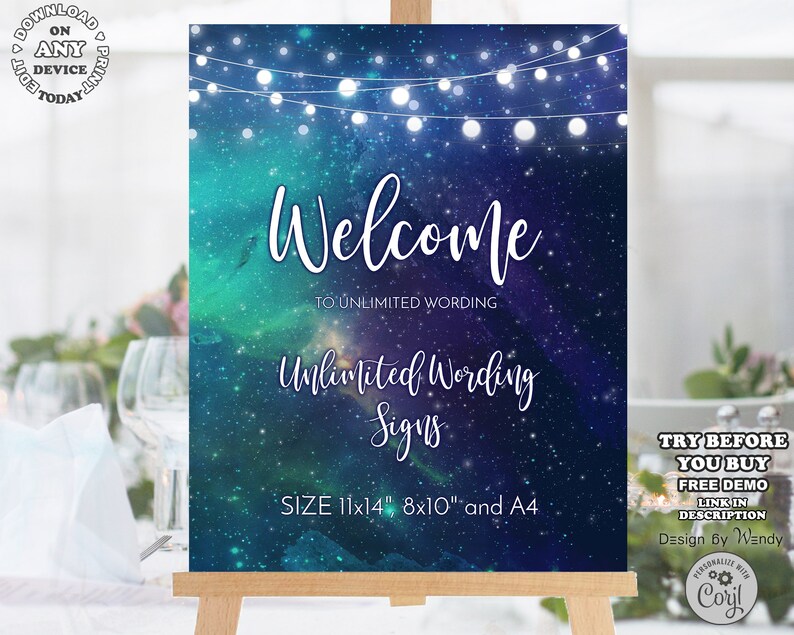 Shower sign digital template Open air wedding party small signs WS015 galaxy and fairy lights Editable wedding table signs