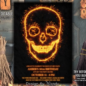 Halloween Invitation Template wit Editable Fire Skull. Burning Skull Halloween Party Invite. 30th Birthday Invitation Death of the Youth H05