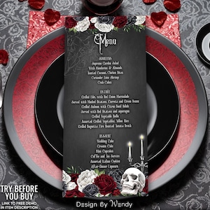 May include: A gothic-themed menu card with a black background, adorned with white and burgundy roses, and a skull. The menu lists starters, entrees, and desserts. The card is placed on a black plate with a red rim, alongside silverware and decorative hearts.