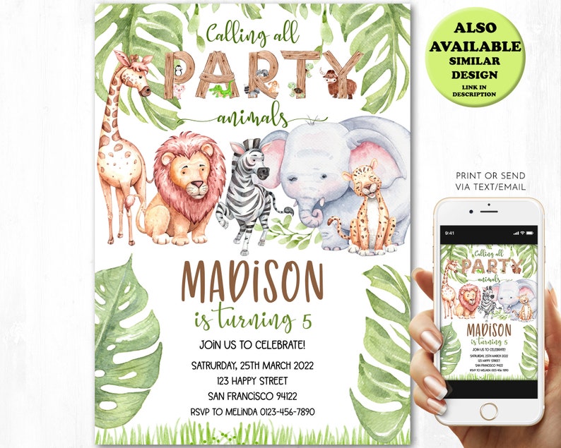 wild animals printable template digital BD006 Editable Born Two Be Wild birthday invitation Safari Party Animals birthday invite