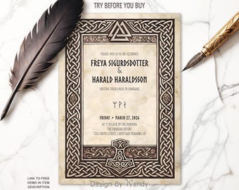 Editable Norse Wedding Invitation with Viking Symbols. Ancient Wedding Invite Template with Norse Knots Frame, Mjolnir on Parchment F07