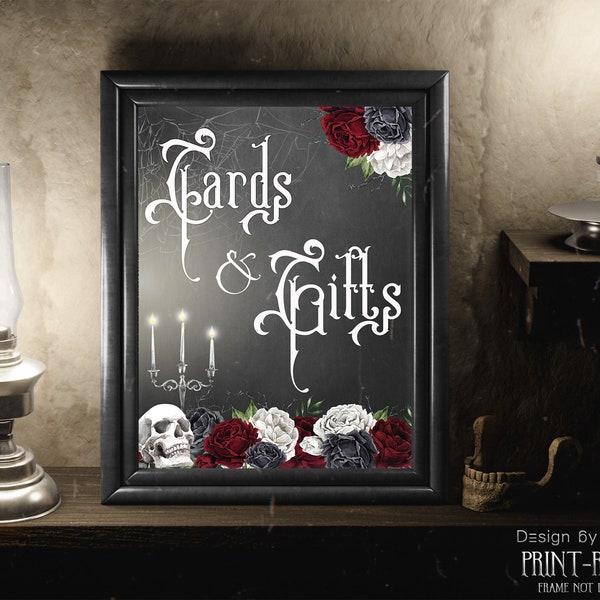 Gothic wedding Cards & Gifts sign, red and black roses with skull sign. Victorian style gothic print ready table sign 8x10" G22