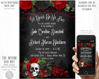 Editable Goth Glam Wedding Invitation, Till Death Do Us Part. Black and Red Gothic Wedding Invite Template, Skull and Roses G33