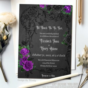 Editable Gothic Wedding Invitation, Purple and Black Roses Till Death Do Us Part, Elegant Invite Template Hallowedding G04