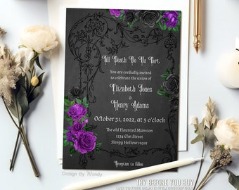 Editable Gothic Wedding Invitation, Purple and Black Roses Till Death Do Us Part, Elegant Invite Template Hallowedding G04