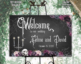 Editable Gothic Wedding Welcome Sign. Dark Romantic Horizontal Wedding Sign Template, Skull & Purple Roses. Halloween Wedding Sign G06
