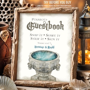 May include: A printable sign for a Polaroid guest book with a whimsical font and a blue and white illustration of a fountain. The sign reads "Polaroid Guestbook Snap It Shake It Stick It Sign It Thank You! Hermione & Ronald Design by Wendy"