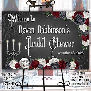 Gothic Birthday or Shower Welcome Sign with Custom Wording (We Edit). Macabre Skulls and Red & Black Roses, Printable Horizontal Sign G22