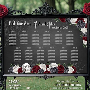 Gothic Wedding Seating Chart, Edit Yourself. Find Your Seat Gothic Wedding Black Seating Plan, Editable. Skull and Roses Wedding Sign G22