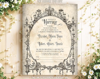 Victorian Marriage Certificate, with Vintage Frame. Certificate of Marriage, Retro Wedding 8.5x11" & A4 G02