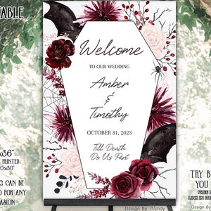 Coffin Welcome Sign Template, Gothic Wedding Sign. Editable Coffin and Roses Halloween Wedding Signage, Till Death Do Us Part G43