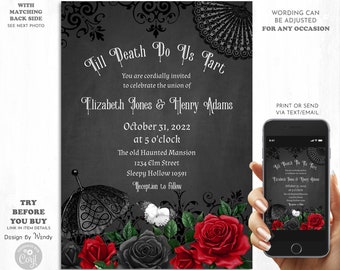 Victorian Wedding Black Invitation, Till Death Do Us Part. Editable Invitation with Victorian Red & Black Roses, Black Lace Umbrella G03