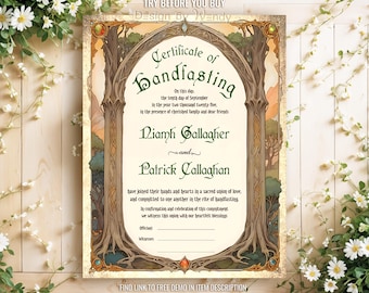 Handfasting Certificate Template. Art Nouveau Celtic Fantasy Style. Editable Certificate of Handfasting, 8.5x11" and A4. Elven Wedding F03