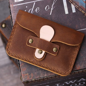 Cartera de cuero personalizada para tarjetas, tarjetero pequeño personalizado, funda minimalista de cuero para tarjetas, billetera con bolsillo frontal, regalo de cuero hecho a mano Brown