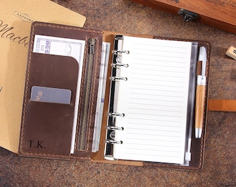 Agenda A6 personalizada con tapa de cuero, cuaderno de viaje A6 hecho a mano, carpeta de 6 anillas, regalo para el Día del Padre