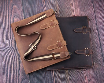 Funda de cuero para cuaderno de bocetos de 28 x 35 cm, regalo personalizado para artistas, portafolios, funda hecha a mano con correa para el hombro.
