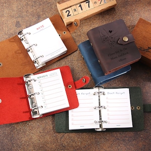 Diário de couro legítimo A9, planejador recarregável de anel de fichário feito à mão, mini caderno de couro vintage com folhas soltas e 3 anéis, capa de couro personalizada