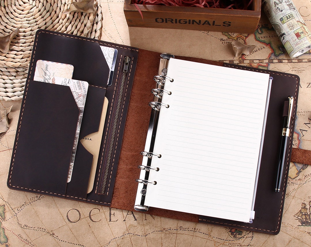 Personalized Leather Travel Journal A5, Refillable Ring Binder Notebook