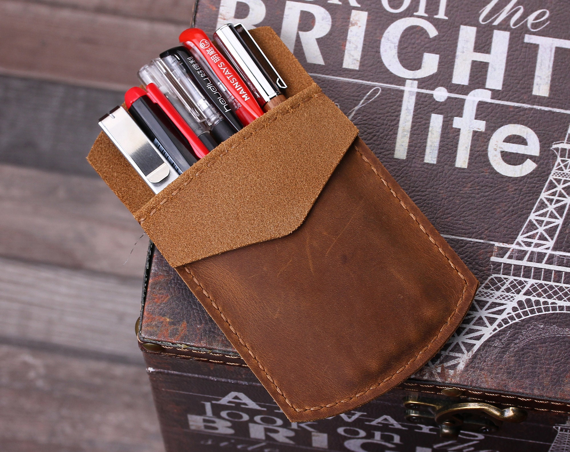 OHPHCALL pencil case thin pencil cases for adults pen holder for purse  leather pen sleeve Fountain Pen Case small pencil case genuine leather  pencil