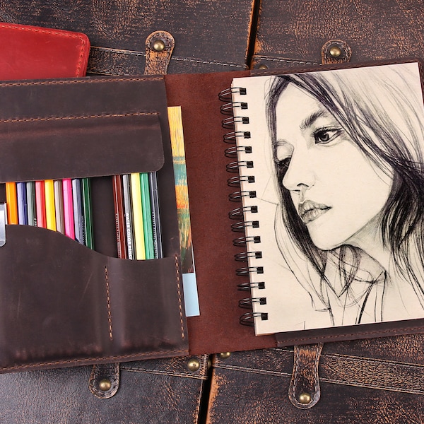 Handmade Leather Sketchbook Cover, Personalized Artists gifts, Leather Artist Sketch Pad Cover for 5.5"x8.5", Refillable leather sketchbook