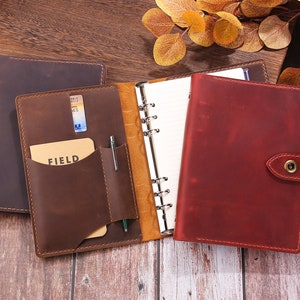 Reffilable A5 Leather Binder Journal Notebook, 6 Ring  Binder Leather Planner Organizer, Handmade Leather Portfolio Travel Notebook