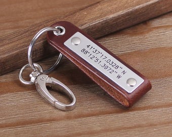 Leather Keychain - GPS Coordinates Keychain - Personalized Latitude longitude Keychain - Anniversary gift for man -Christmas Gift