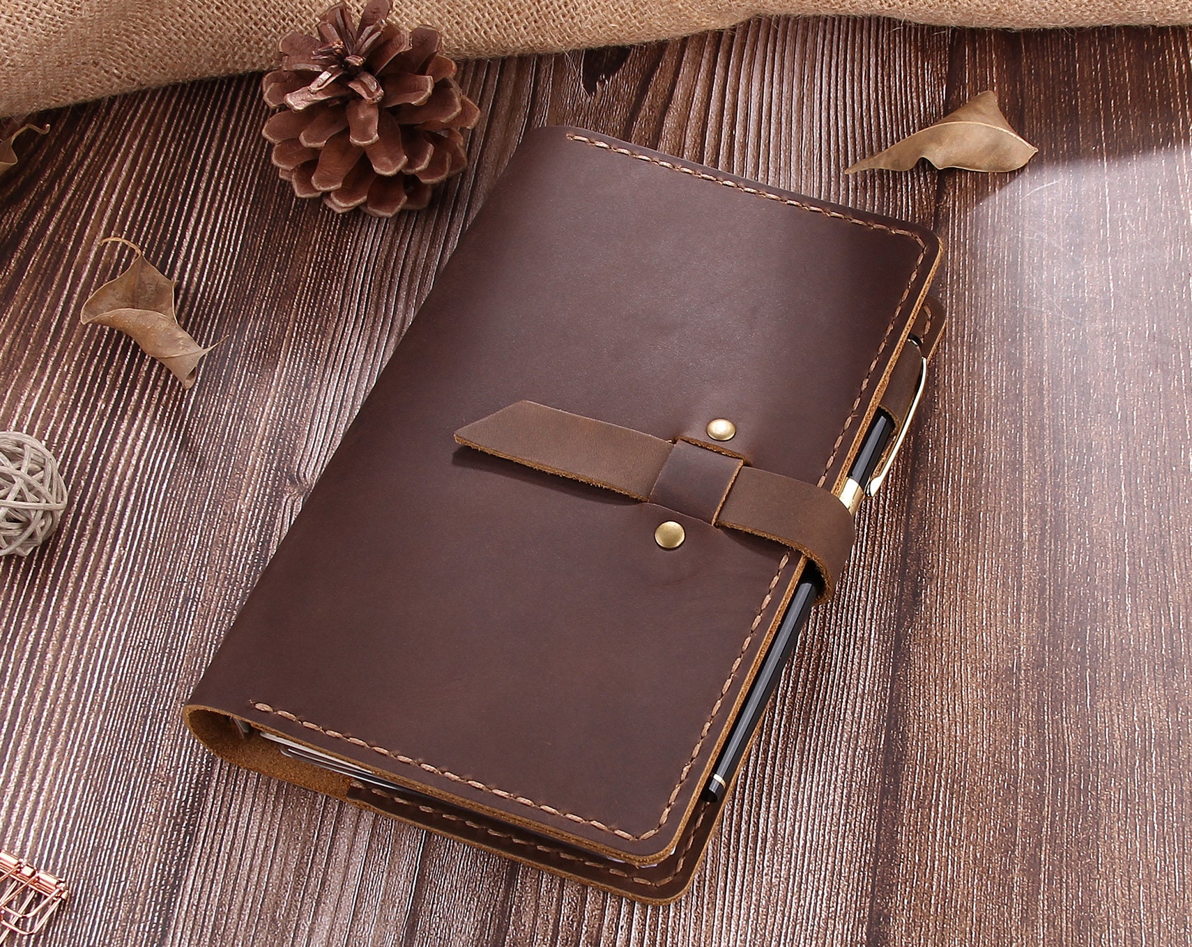 Personalized Refillable 6 Ring Binder Rustic Leather A6 Journal - Robrasim Brown
