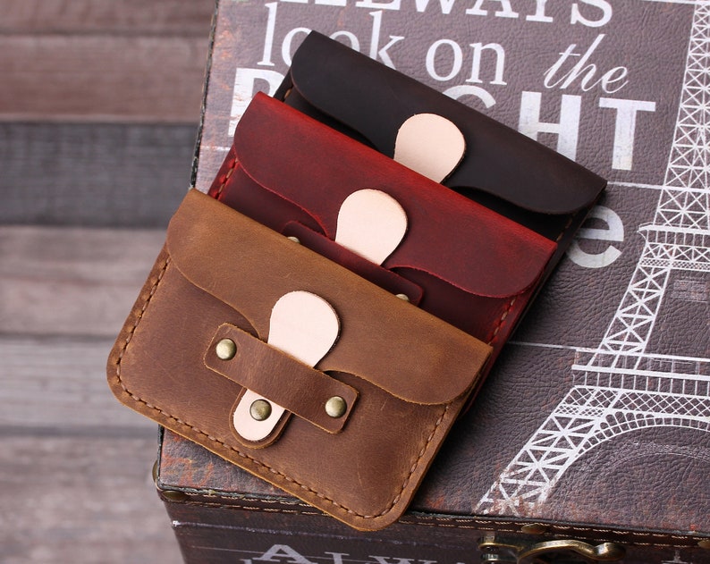 Cartera de cuero personalizada para tarjetas, tarjetero pequeño personalizado, funda minimalista de cuero para tarjetas, billetera con bolsillo frontal, regalo de cuero hecho a mano imagen 2