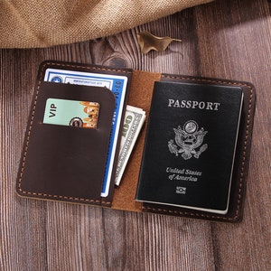 Cartera de cuero personalizada para pasaporte, billetera de viaje de cuero hecha a mano, estuche para pasaporte, porta pasaporte de cuero, billetera para documentos, regalo de graduación Brown