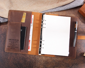 Cuaderno de viaje vintage de cuero tamaño A5, carpeta de anillas recargable personalizada, agenda organizadora de cuero genuino para hombres y mujeres.