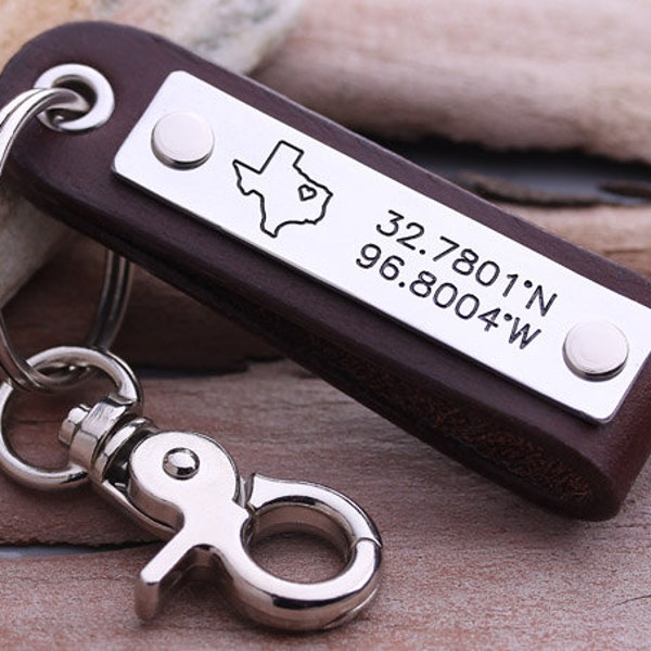 Personalized GPS Coordinate keychain - Leather Latitude Longitude keychain - Leather State Map key chain -Gift for Him- Valentine's Day gift