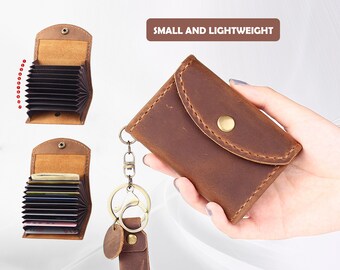 Handmade Genuine Leather Credit Card Wallet Holder,Credit Card Organizer for Women Men,Small Coin Purse Wallet Keychain, Handmade Gift