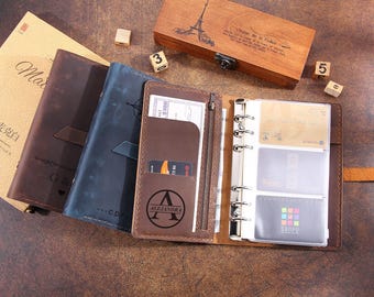 Diario de cuero A6 hecho a mano, agenda vintage personalizada, recargable, bloc de notas de cuero (A6), regalo de cumpleaños y Navidad.