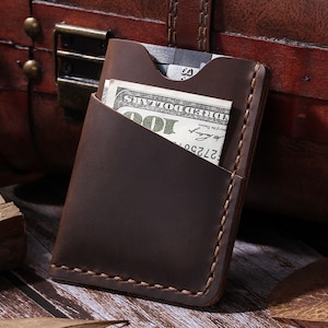 Personalized Leather Card Holder, Handmade Slim Engraved Wallet, Minimalist Front Pocket for Men